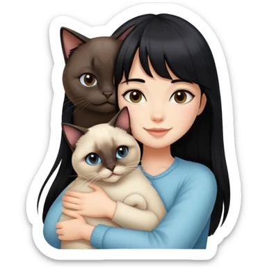 A girl with long black hair and bangs happily hugs a Siamese cat sticker