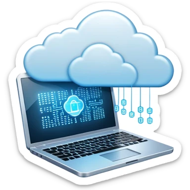 An icon featuring a glowing laptop, cloud network, and flowing binary code, symbolizing information technology. The design includes data servers, a circuit pattern, and digital connections, representing software, networking, and innovation. Transparent background  sticker