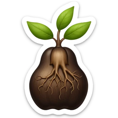 A black ginseng root (heuksam), in Apple iPhone emoji style. Dark brown-black glossy color, subtle texture on the root, elegant curves, vibrant but natural tones, smooth gradients, clean simple shapes, no outlines, slight 3D depth.
 sticker