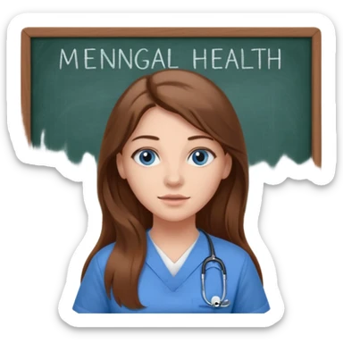 university classroom that says Mental Health Nursing on the blackboard with a pretty female nursing student with long brown hair, blue eyes sticker