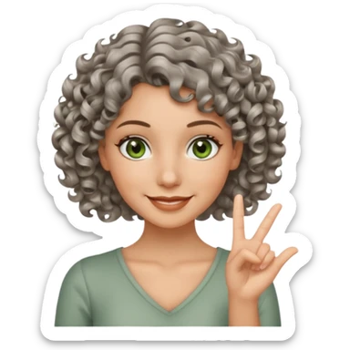 silver, short, wavy-haired with curls, smiling pretty lady, 2 fingers crossed on one hand, green/brown eyes sticker