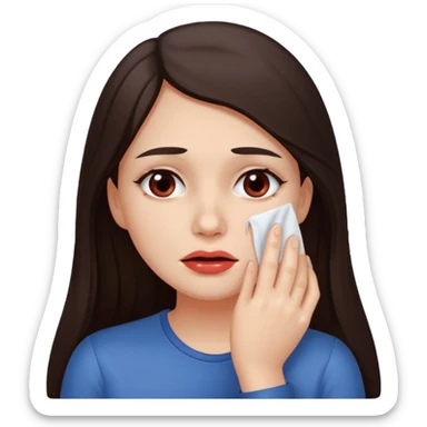 Mujer de pelo cafe oscuro y largo, y tez blanca. Se limpia la cara con una toallita húmeda sticker