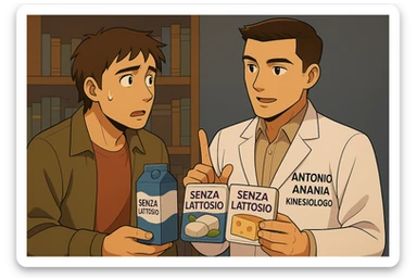 fai un webtoon manga a colori con questo stile, in cui un uomo ASCOLTA Il kinesiologo con il camice bianco (fagli anche la scritta "ANTONIO ANANIA" SUL CAMICE, IL KINESIOLOGO SPIEGA ALL'UOMO UNA MOSTRANDO VARI PRODOTTI DA SUPERMERCATO CONFEZIONATI (TIPO SCATOLA DI LATTE, MOZZARELLE CONFEZIONATE, FORMAGGIO CONFEZIONATO), OGNI CONFEZIONE HA LA SCRITTA "SENZA LATTOSIO SULL'ETICHETTA. L'UOMO OSSERVA IL KINESIOLOGO CON ESPRESSIONE CONFUSA IN VOLTO. non fare i fumetti però, fai solo in modo che sembri stiano parlando sticker