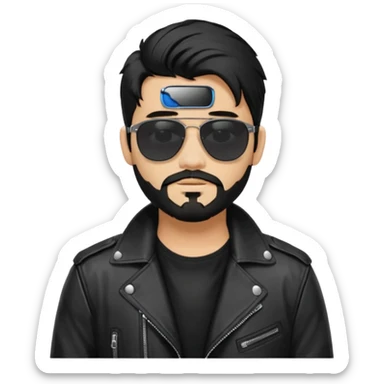 generate an ios genmoji of a 20 year old tan boy with black sunglasses, long black hair till his shoulders. Wearing a leather jacket. Has a dyed blonde beard sticker