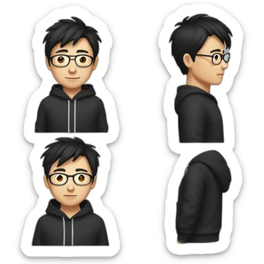 A mature Chinese boy with black hair and eyeglasses wearing black hoodie sticker