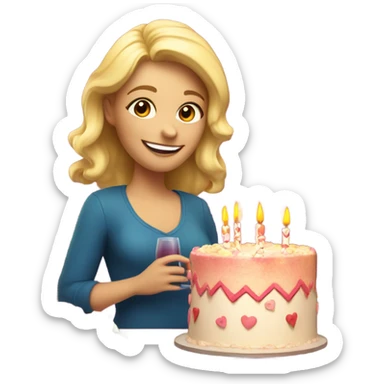 Smiling blonde white lady with giant birthday cake and hearts and flowers and wine sticker