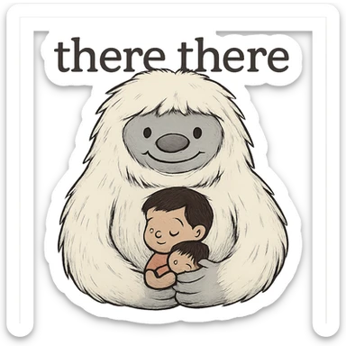 Make the child even smaller and have the Abominable Snowman facing forward, keep the background transparent and preserve the 'there there' text through the head. The style is a transparent background illustration with visible text 'there there' through the head. sticker