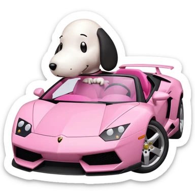 Snoopy in a Lamborghini, the Lamborghini is sideways and Snoopy isn't big, the Lamborghini is pink sticker
