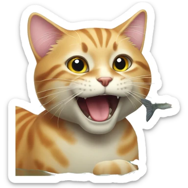 a cat happy to bite a fish sticker