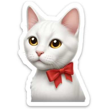 A white cat with black whiskers and a red bow on its right ear sticker