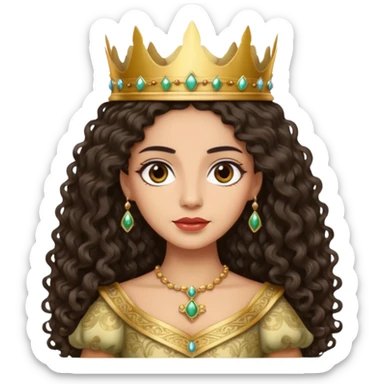 Queen with long dark curly hair, dark brown eyes, light olive skin tone sticker