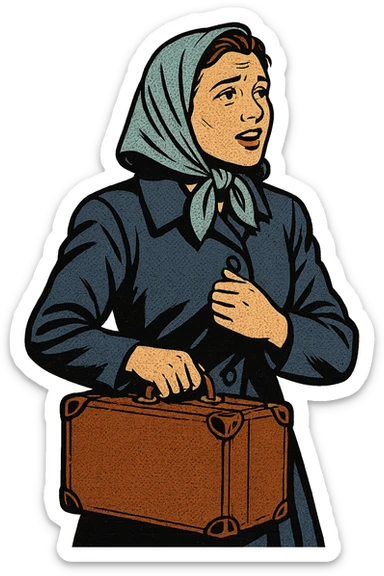 A refugee woman from Eastern Europe in the 1950s carrying with them a small old brown suitcase and looking hopeful sticker