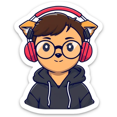 tan brunette girl with a short wolf haircut, round ruby glasses, black headphones, and a black hoodie sticker