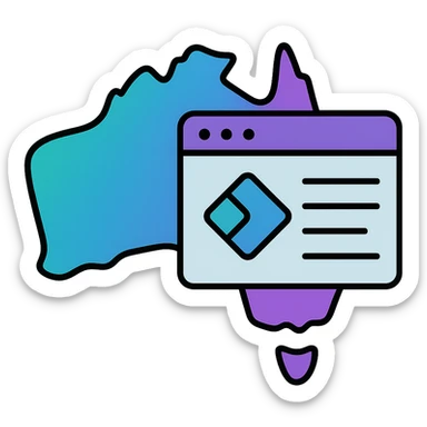 Add Microsoft Power Pages brand colors (blue, purple, teal) to the map of Australia with digital web page overlay, keep the modern and techy look, no text sticker