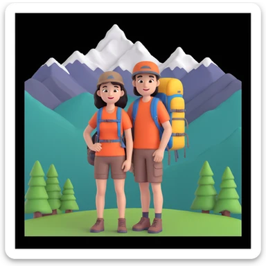 back packer couple posing, mountains in background,   close up pose sticker