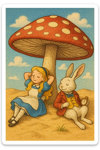 Alice and the White Rabbit lounging on sand beneath a large red-and-white mushroom parasol, storybook style, cheerful, detailed, blue sky sticker