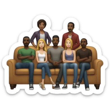 5 afroamerican men standing behind a couch on which a young white woman sits alone sticker