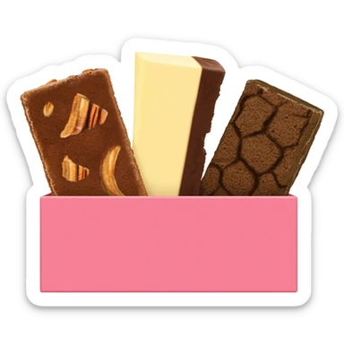 brownie flight with a pecan brownie, cheesecake brownie and turtle brownie in a pink box sticker