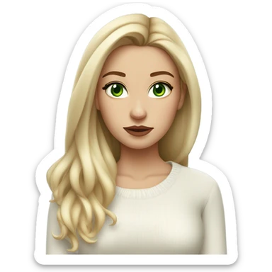 light medium skin, high cheekbone, solo blonde girl with green eyes, medium bust, white sweater, long blow out hair, baddie, middle part, sultry sticker