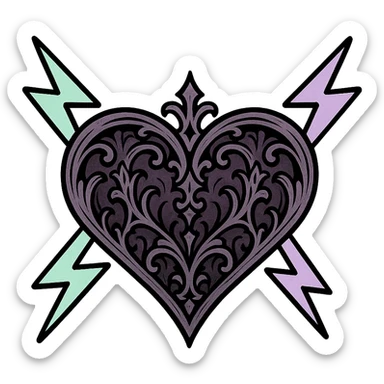 pastel goth heart with pastel lightning bolts, mint green and lavender, gothic style sticker