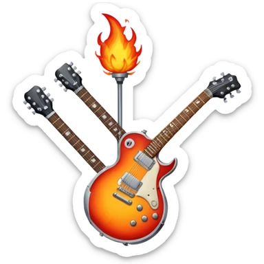 Create a bold and powerful emoji representing rock vocal performance in a humanless collage. The design should feature a vintage microphone at the center, surrounded by a heavy, aggressive hardcore electric guitar with sharp, jagged edges. Include crossed drumsticks behind the guitar, symbolizing the intense rhythm of rock music. Add fiery elements like flames or lightning bolts to enhance the raw energy of the design. Use dark, bold colors like black, red, and silver, with metallic or chrome accents to reflect the rebellious, hard-hitting nature of rock. The background should be transparent. sticker