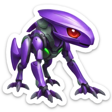 a shiny purple-green-red Genesect-Raptor-Fakémon—hybrid with a futuristic visor-helmet full body sticker