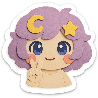 Create a super cute, soft, and adorable paper craft style headshot of Stella Puff (星星噗噗) with the exact same hair color, hair shape, yellow star swirl, and all hairstyle features. The character is making a peace sign with her hand near her face, has big sparkling blue-violet eyes, coral pink blush, and a soft kawaii expression. Use clean lines and transparent background. sticker