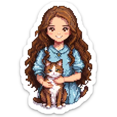 a girl with long wavy brown hair and brown eyes smiling with a cat beside her, pixel art style sticker