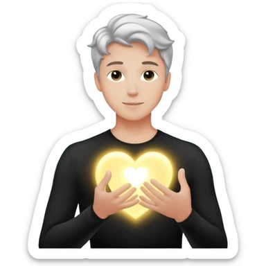 radiant youthful male silhouette with soft flowing light waves, glowing spark at heart, faint ripple of energy at fingertips, minimalist black or silver silhouette with gentle aurora-like glow sticker
