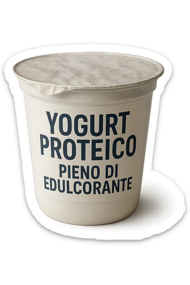 Yogurt proteicO CON LA SCRITTA "YOGURT PROTEICO PIENO DI EDULCORANTE" SULL'ETICHETTA,  iperrealistico 4k sticker