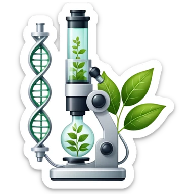 An icon featuring a microscope, a DNA strand, and plant leaves, symbolizing biology. The design includes cells, a test tube with a plant sample, representing life sciences, ecosystems, and the study of organisms. Transparent background highlights the exploration of living systems. sticker
