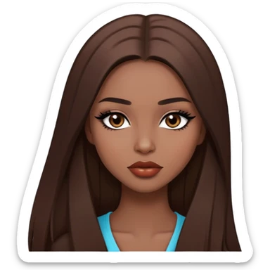 pretty baddie model, brown straight hair, cute lips, pale skin, long hair, dark brown eyes, bold black eyeliner sticker