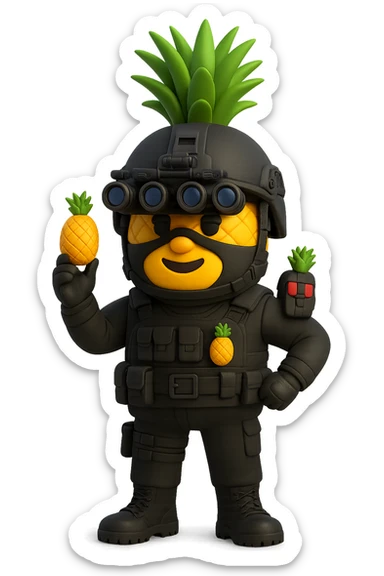 Make the pineapple wear special forces gear including a tactical helmet with night vision goggles, a black tactical vest, and gloves. The background should be transparent with no background. sticker