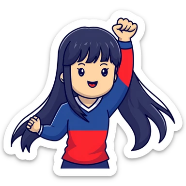 East Asian woman with long black straight hair and bangs wearing Doosan Bears team colors navy blue and red, cheering sticker