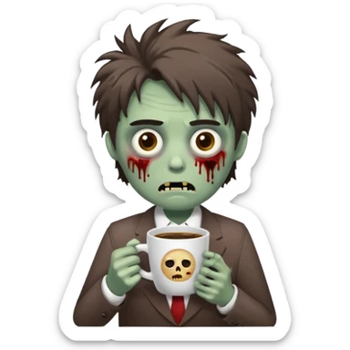 A cute but exhausted office worker character looking like a zombie, holding a giant cup of coffee, dark circles under eyes, messy hair, flat 2D vector art, white background, "Monday Vibes" text. cute sticker
