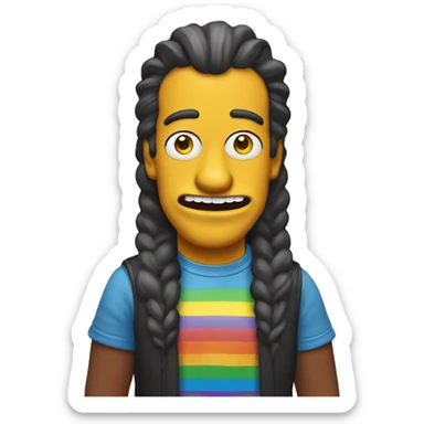 queer Simpson with make up and rainbow t shirt with long hair beautiful teeth and attractive eyes front view sticker
