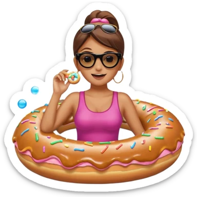 A woman riding a donut float, with bubbles popping all around her sticker