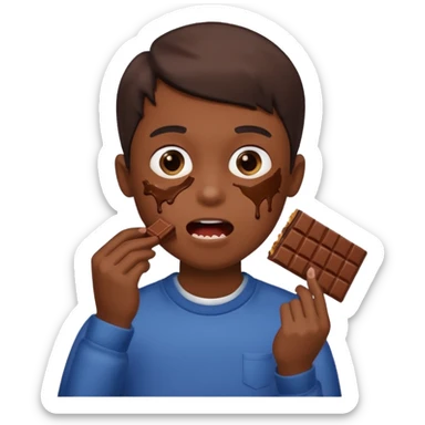 A boy holding a chocolate bar with him chewing on the bite he took sticker