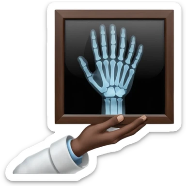 Radiografía de mano sostenida por un hombre con bata blanca  piel clara cabello café obscuro sticker