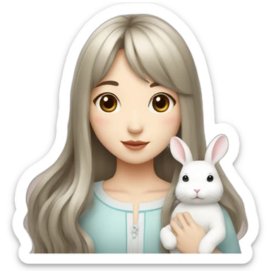 korean girl with long hair bangs holding white rabbit sticker