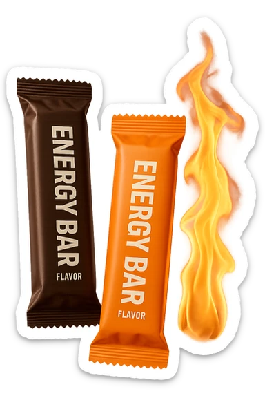 due barrette energetiche confezionate fluttuano in aria insieme ad una fiamma iperrealistici sticker