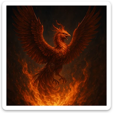 a fierce phoenix rising from flames, dramatic lighting, detailed plumage sticker