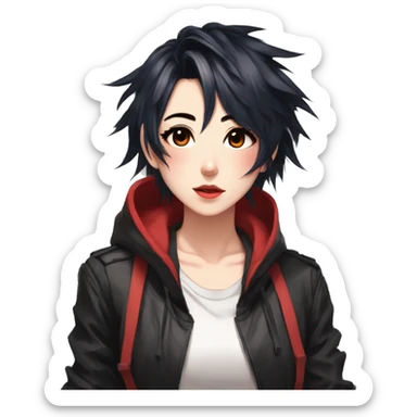 Gorgeous anime style tomboy-lady with blushing face aesthetic and pretty edgy black red punk hair with hair garment trending style sticker