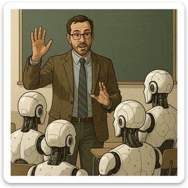 A human teacher standing in front of a classroom of androids, raising a hand to explain a concept sticker