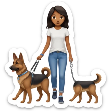 a girl with a brown dark long hair, she's walking her dog is a german shepard sticker