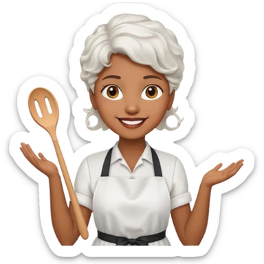 woman, brown skin, white short wavy hair, with apron sticker
