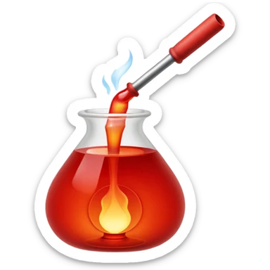 Glassblowing and casting icon, molten glass being shaped into a delicate object with a blowpipe, glowing red-hot glass being poured into a mold, unfinished glass sculpture, minimalistic style, clean lines, transparent background. sticker