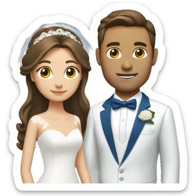 Wedding couple. Bride has brown hair half up. She wears white dress. She has brown eyes. Groom has blue suit and white tie. He has br own hair..  sticker