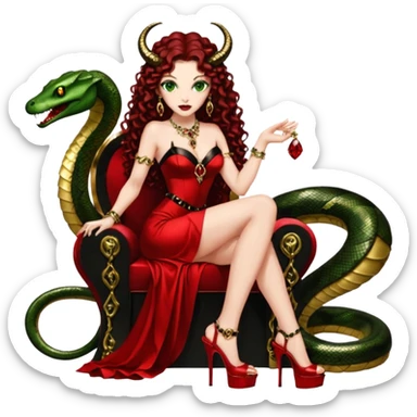Lilith green eyes, symbol seductress evil brown curly long hair haired, sexy succubus woman with red and black Chanel dress on. A red and black stiletto platform high heel shoes on. sitting on a Black and gold throne. A giant snake sitting beside her. Red rubies and black diamonds surround them both sticker