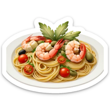 Spaghetti with shrimp olive artichoke tomato sticker